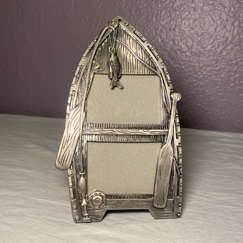 Sixtrees Vintage Pewter Heavy Double Fishing Themed Photo Frame 3x2 NWOT